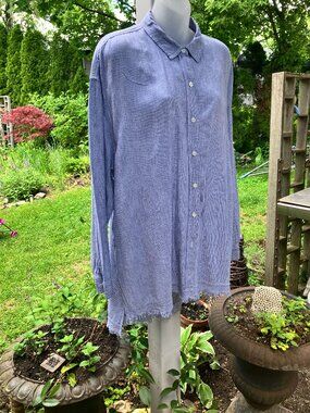 Loose Fitting Linen Blend Shirt with Fringe Hem Size Large
